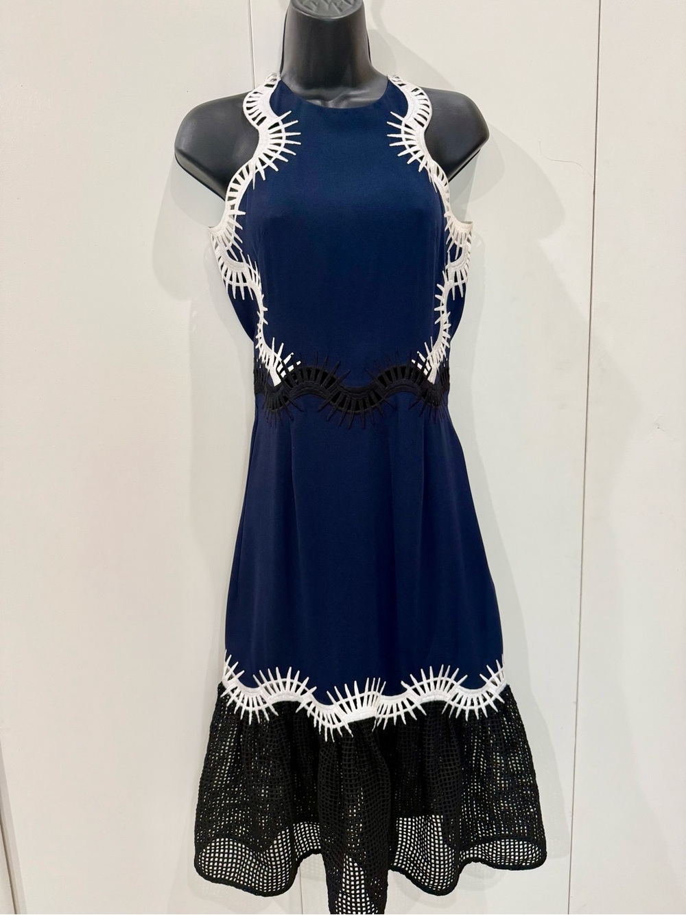 Jonathan Simkhai Navy-Bkack-White Dress with Lace Trim and Black Mesh Hem